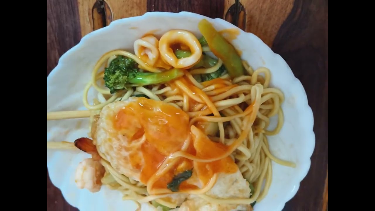 Noodles with eggs for breakfast.