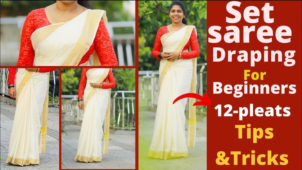 Set saree draping tutorial for beginners/tips for secure fitting/നല്ല ഭംഗിയായി സെറ്റു സാരി ഉടുക്കാം