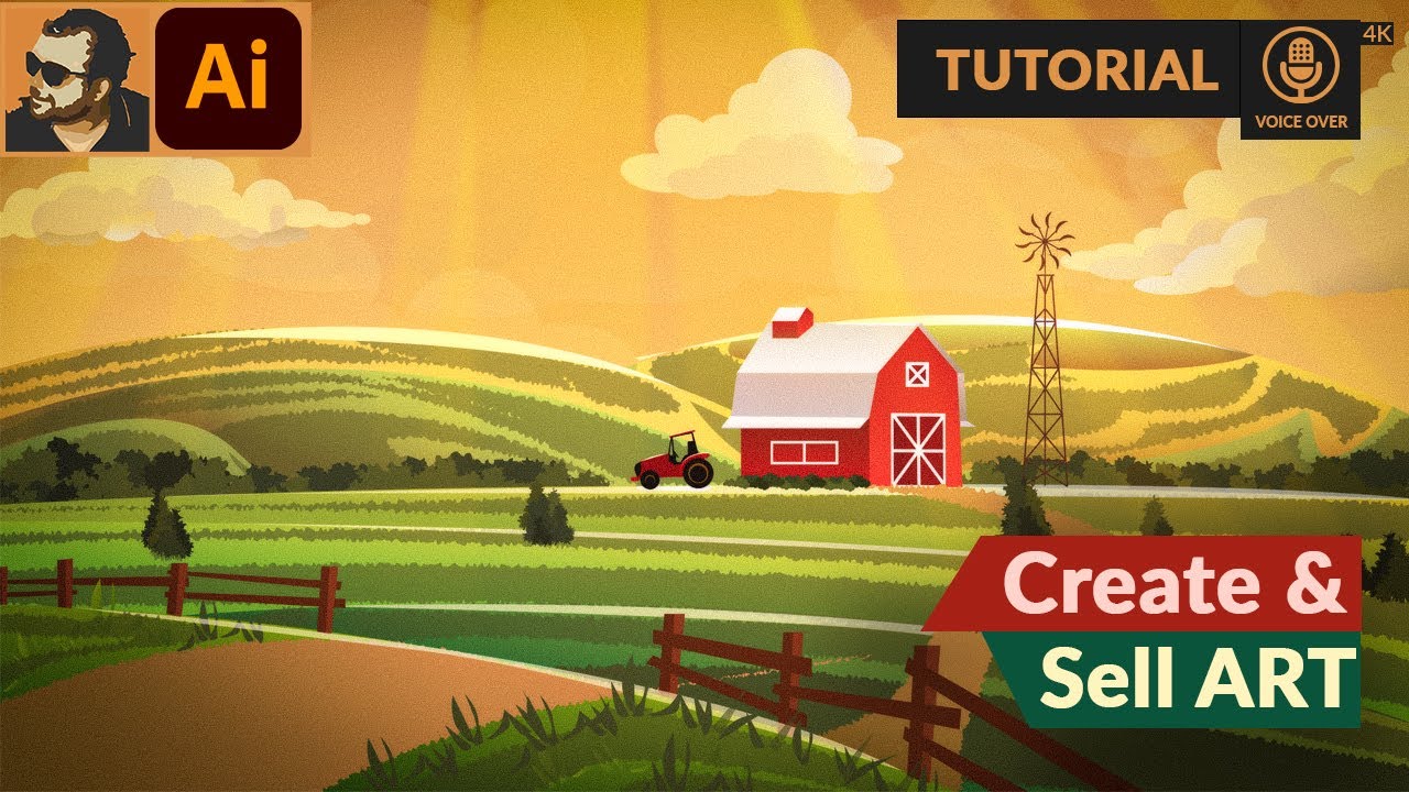 Сельский пейзаж | Векторная иллюстрация в Adobe Illustrator | Учебное пособие