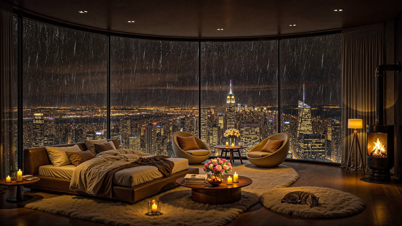 🎶 Relaxing Jazz and City Views 🔥 Cozy Fireside Bedroom with Rainy New York Night Ambience