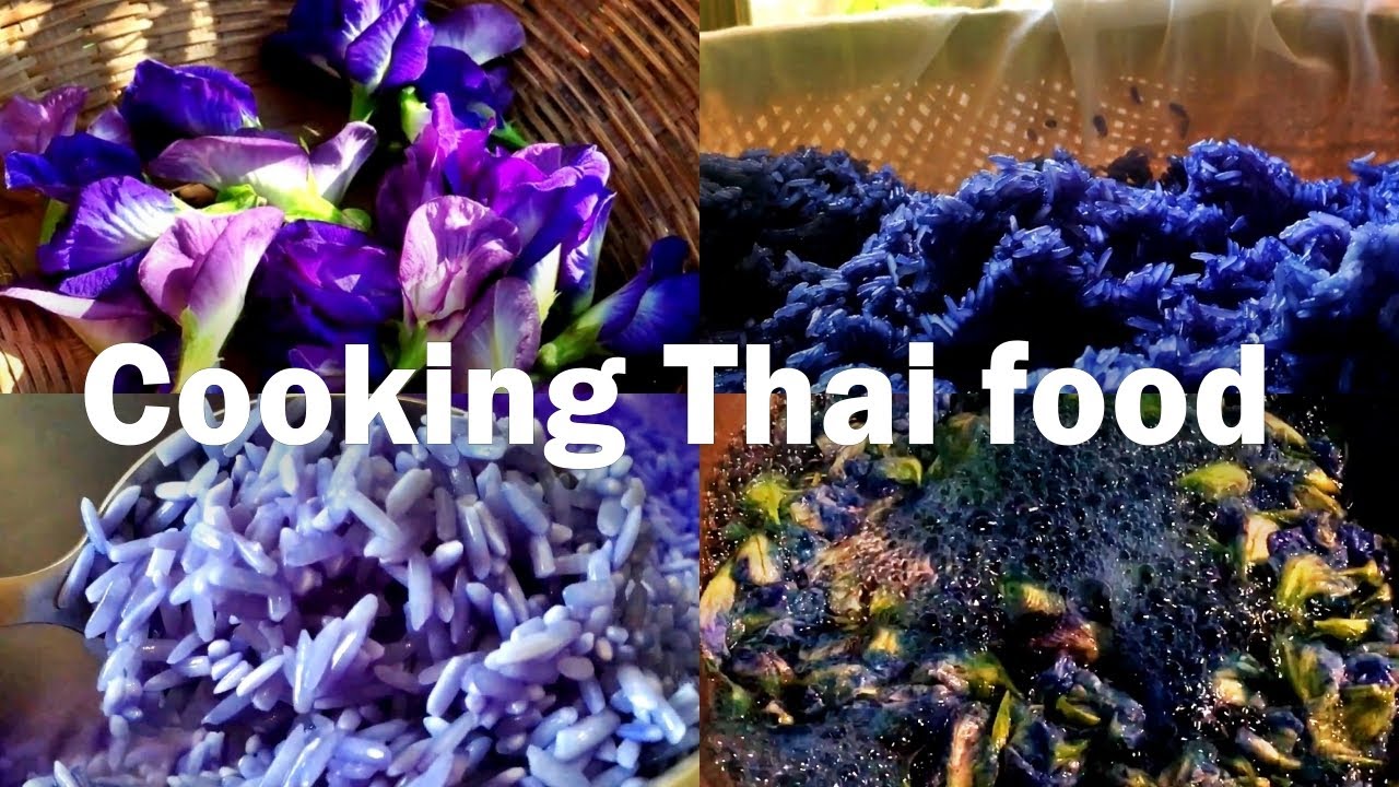 Thai Suburban area, picking flowers, steaming sticky rice | Butterfly Pea | Cooking Thai Food