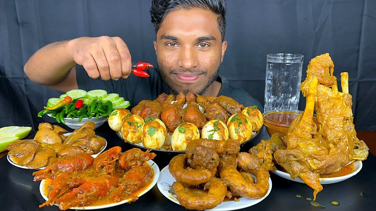 Spicy mutton curry, chicken Liver Curry, Egg curry, chicken leg curry, Prawns Curry and chicken neck