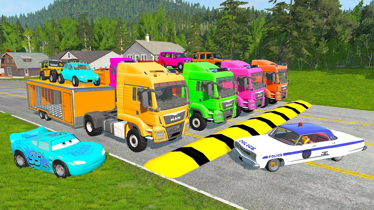 Flatbed Truck McQueen | Transportation with Truck - Pothole vs Car #38 | BeamNG.Drive Gameplay