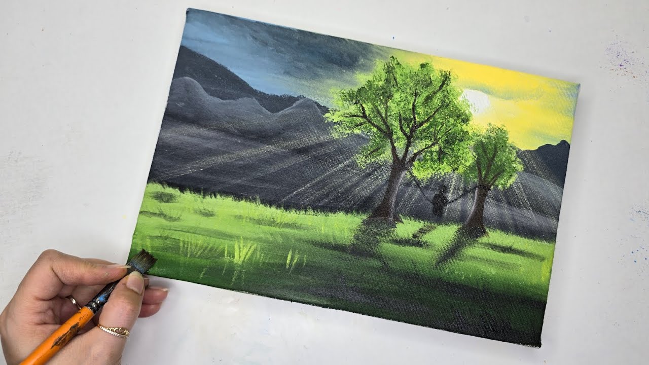 Easy way to paint sunlight on hill /easy acrylic painting 