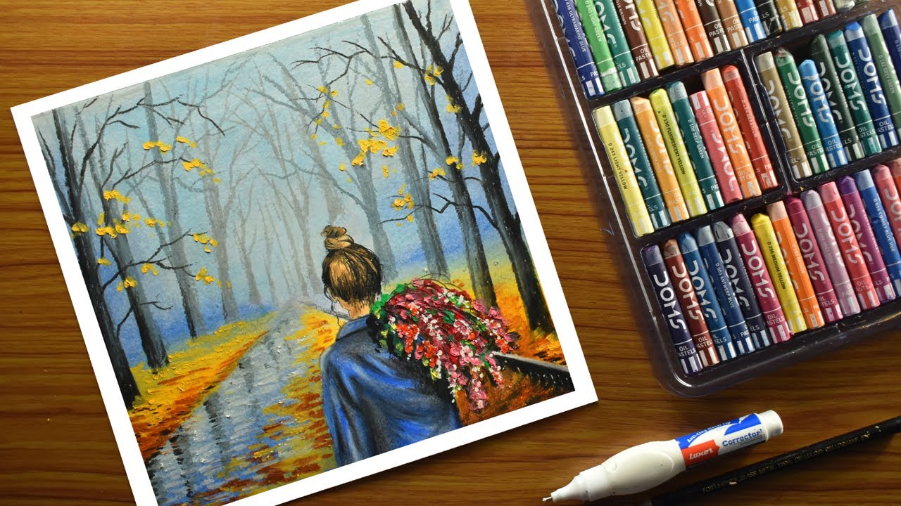 Beautiful Autumn Scenery Drawing for Beginners with Oil Pastels - Step by Step