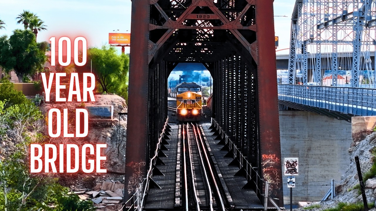 FAST 70MPH FREIGHT at 190 Feet below Sea Level - TRAINS Over 103 YEAR OLD BRIDGE
