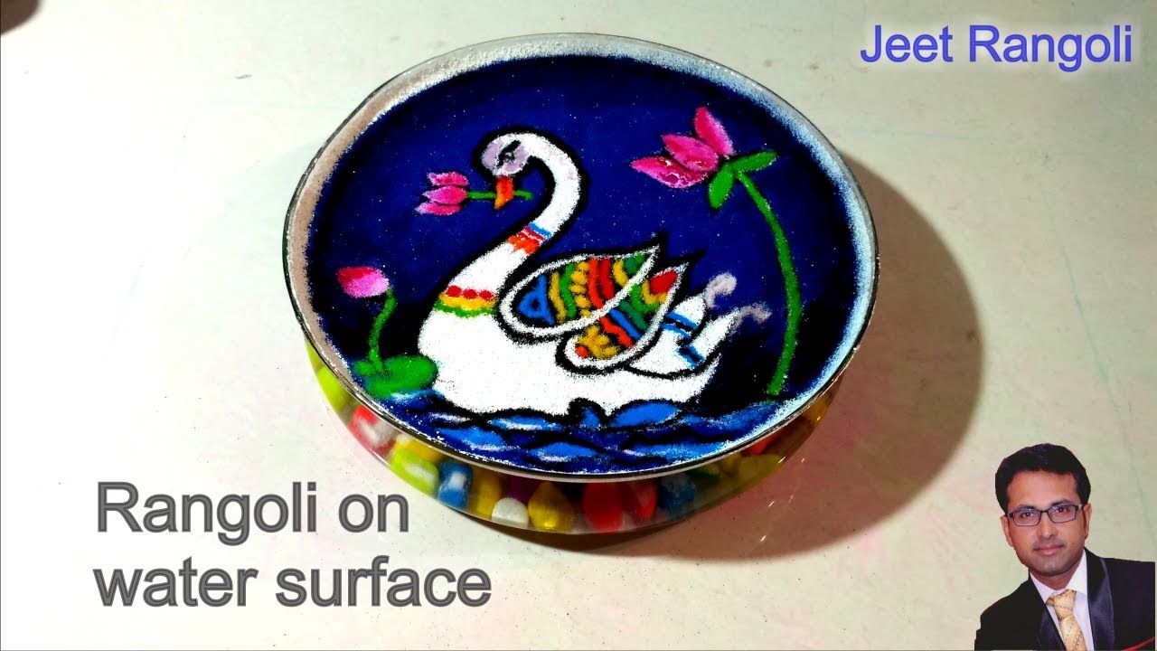 Swan rangoli on water surface step by step with voice demonstration. Rangoli on water.