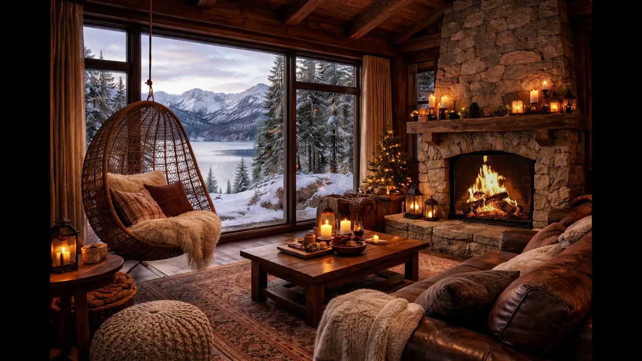 Warm Cabin With A Fireplace And Wicker Chair