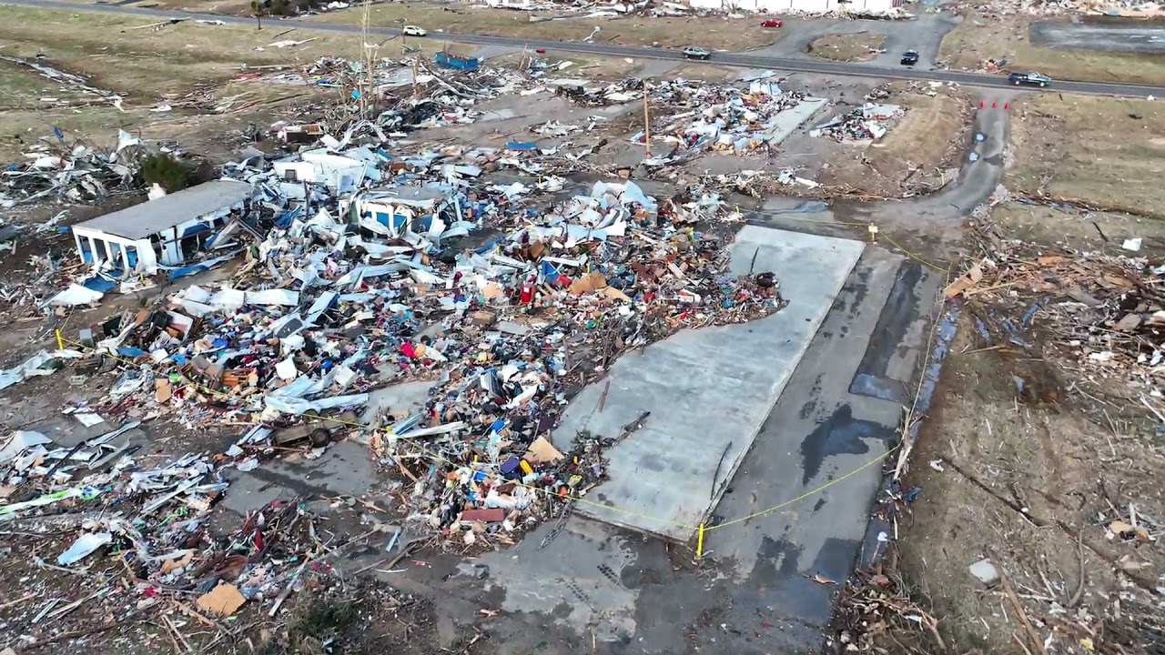 12-11-2021 Dawson Springs, Ky Extraordinary tornado damage- Town destroyed- drone