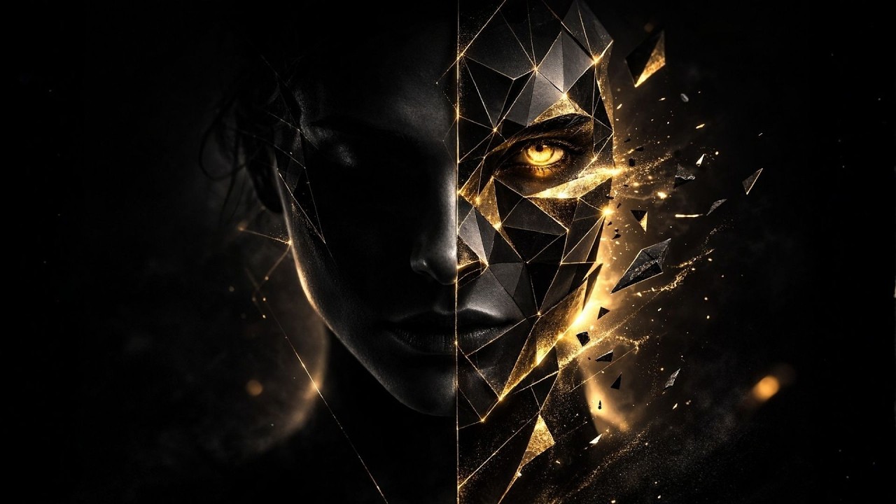 Shattered Golden Identity – Contemporary Abstract Face Art | Dark Modern Expressionism 4K
