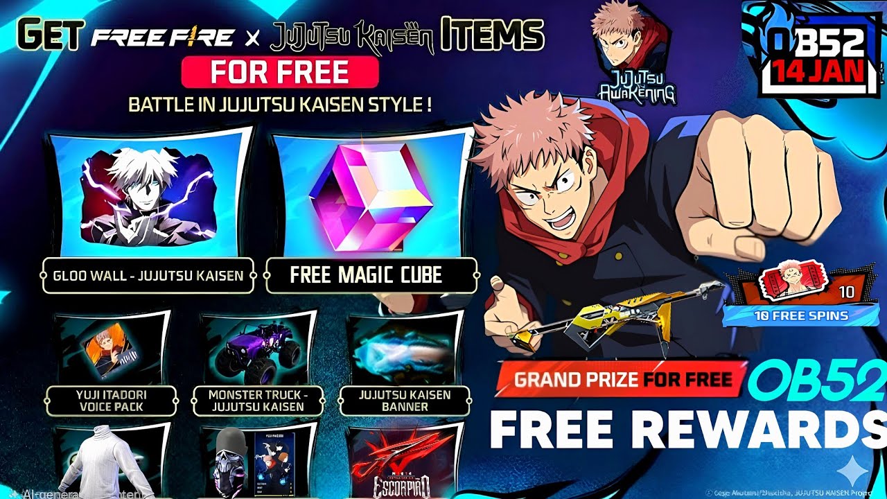 14 January FREE Rewards 🎁 | Jujutsu Kaisen Collab Event |😱| FF NEW EVENT Today | FREE FIRE NEW EVENT
