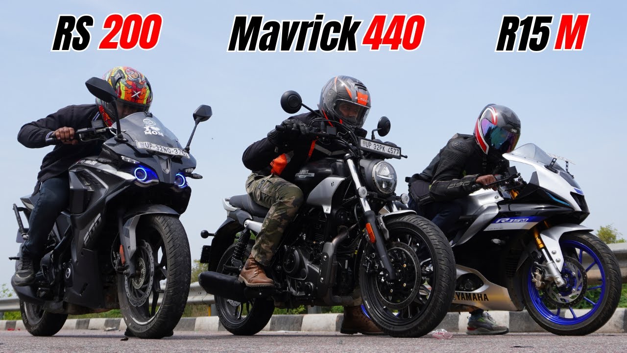 Hero Mavrick 440 vs RS200 bs7 vs Yamaha R15m Drag Race