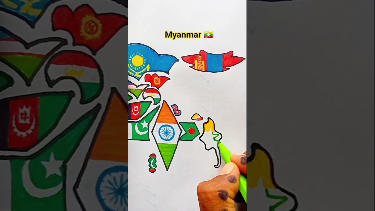 Draw Flag Map of Myanmar 🇲🇲 #myanmar #flag #drawing