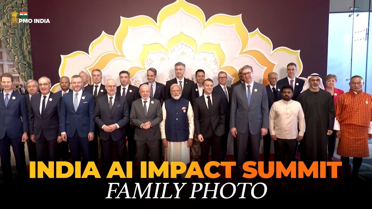 PM Modi and world leaders pose for a group photo at the India AI Impact Summit