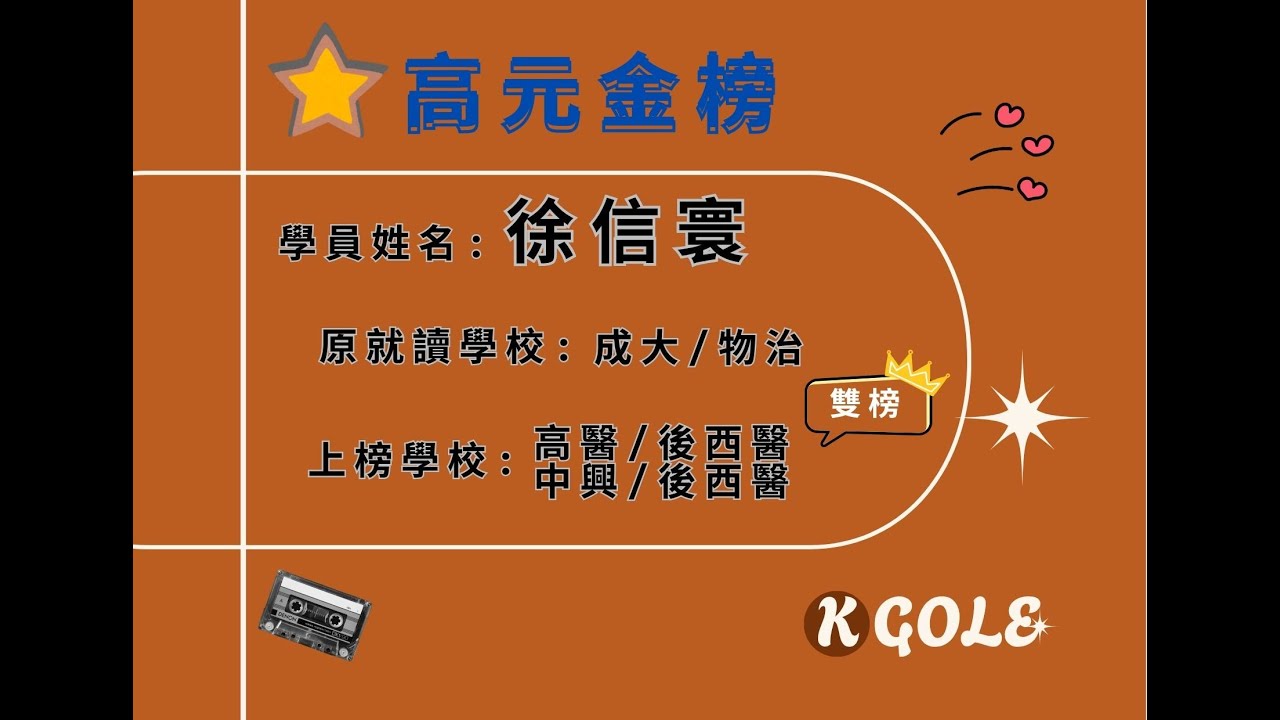 [高元補習班][學士後西醫] 考取114高醫 中興 徐信寰同學 心得分享