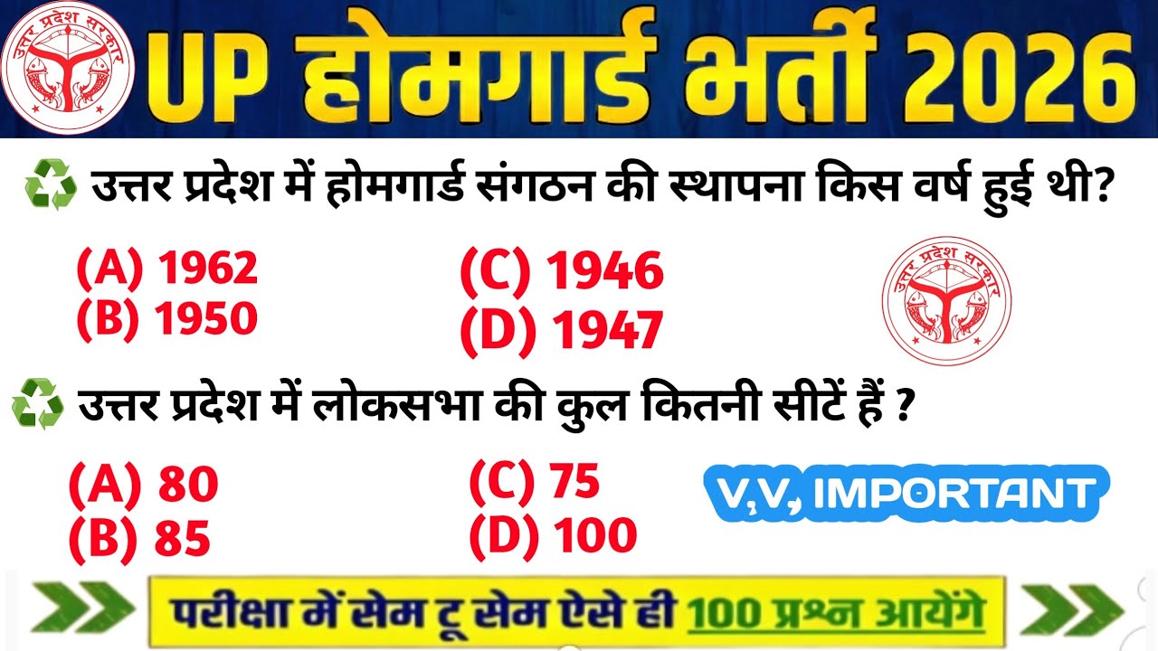 UP Home Guard भर्ती 2025 | UP GK Top 100 Questions | UP Gk Previous Year Questions Paper | Day's 116