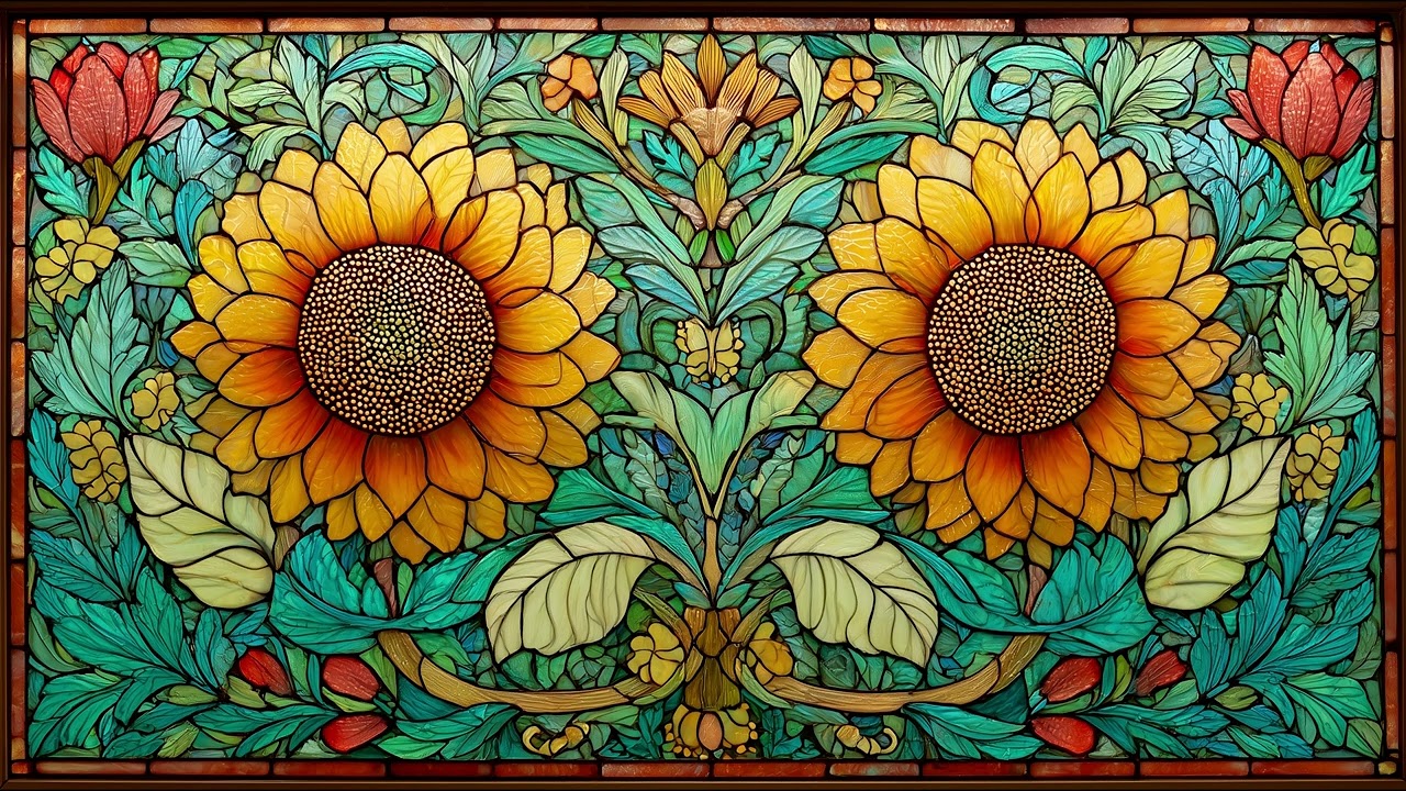 Golden Harmony | Sunflowers In Stained Glass | Still Art Screen Saver | 4K