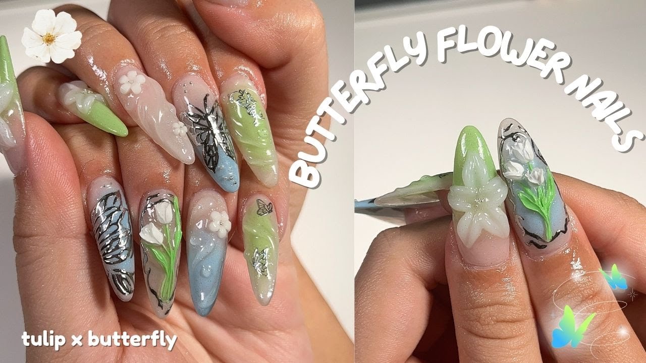 do my nails with me ⋆.°🦋༘⋆ blue and green butterfly themed, summer nails, nail asmr, 3d art, chrome