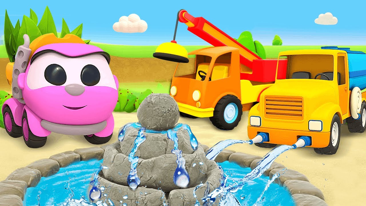 Construction d’une fontaine. Dessins animés pour les tout-petits. Animation avec voitures