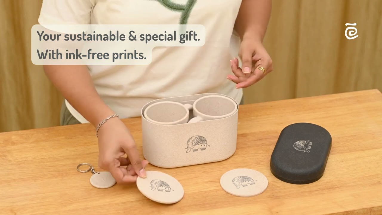 Earth-Friendly Wedding Gifts | Elephant Printed Mug and Coasters, Keychain, Loopac Box | 300 ml