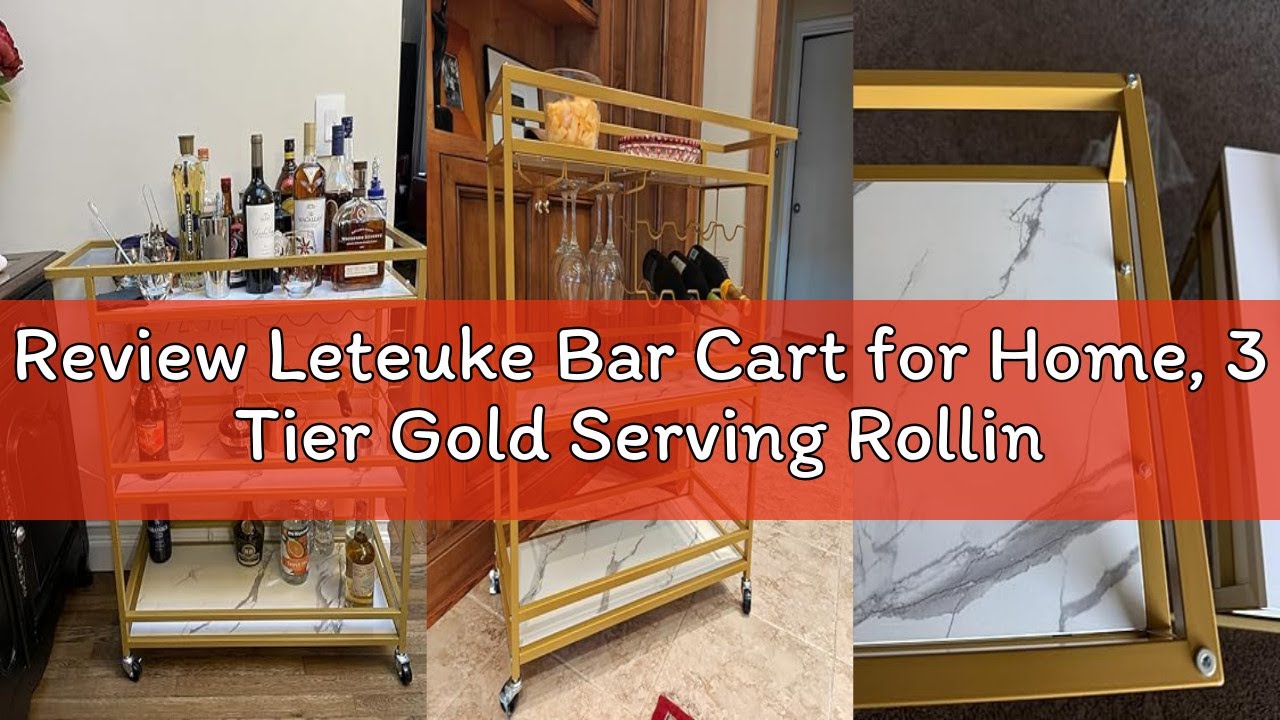 Review Leteuke Bar Cart for Home, 3 Tier Gold Serving Rolling Carts with Wheels, Drink Cart, Liquor
