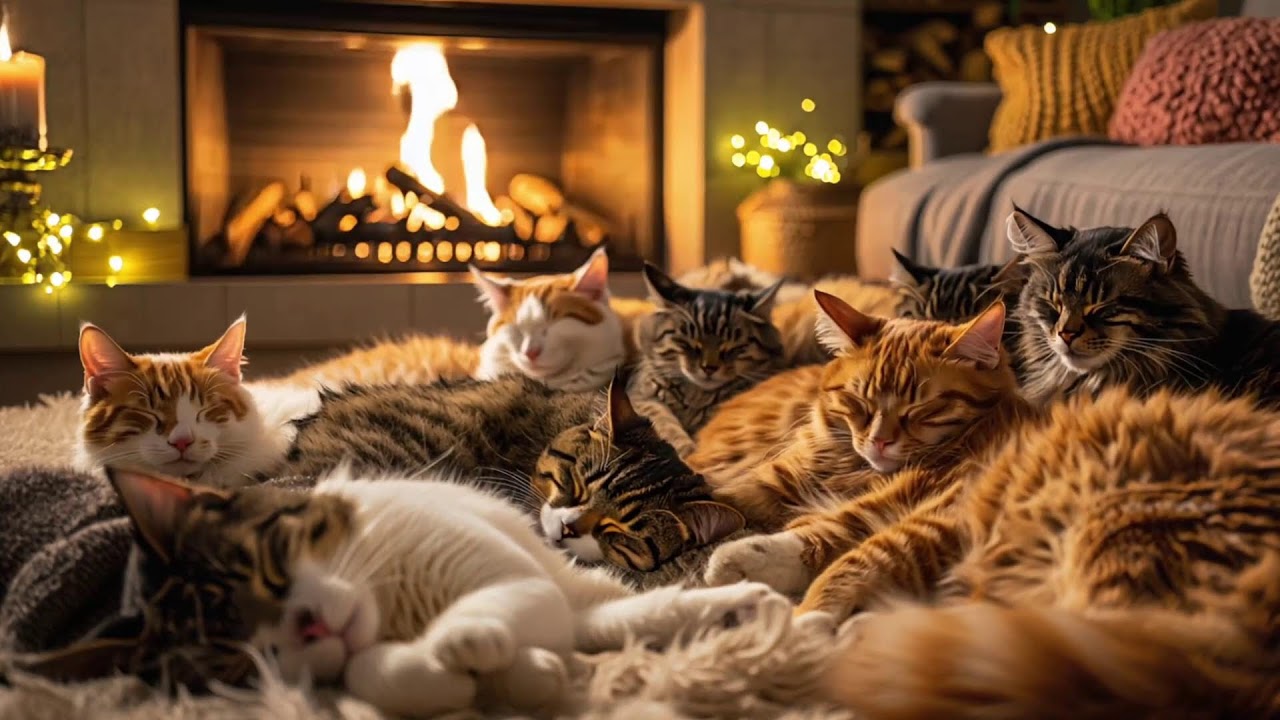 Sleeping Cats by Fireplace 🔥 Warm Light Ambience for Deep Sleep & Cozy Night Relaxation