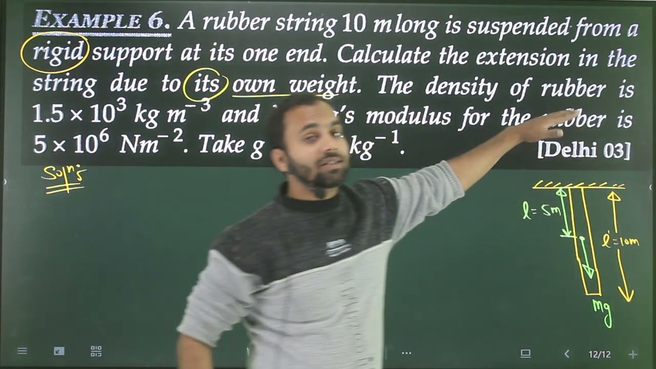 Ex-6 Mechanical properties of solid : A rubber string 10 m long is suspended from a rigid support at