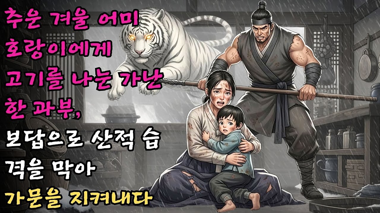 추운 겨울 굶주린 어미 호랑이에게 고기를 나누어준 가난한 과부가 그 보답으로 산적의 습격을 막아내고 가문을 지켜낸 감동적인 내막 #야담 #민담 #전설 #설화