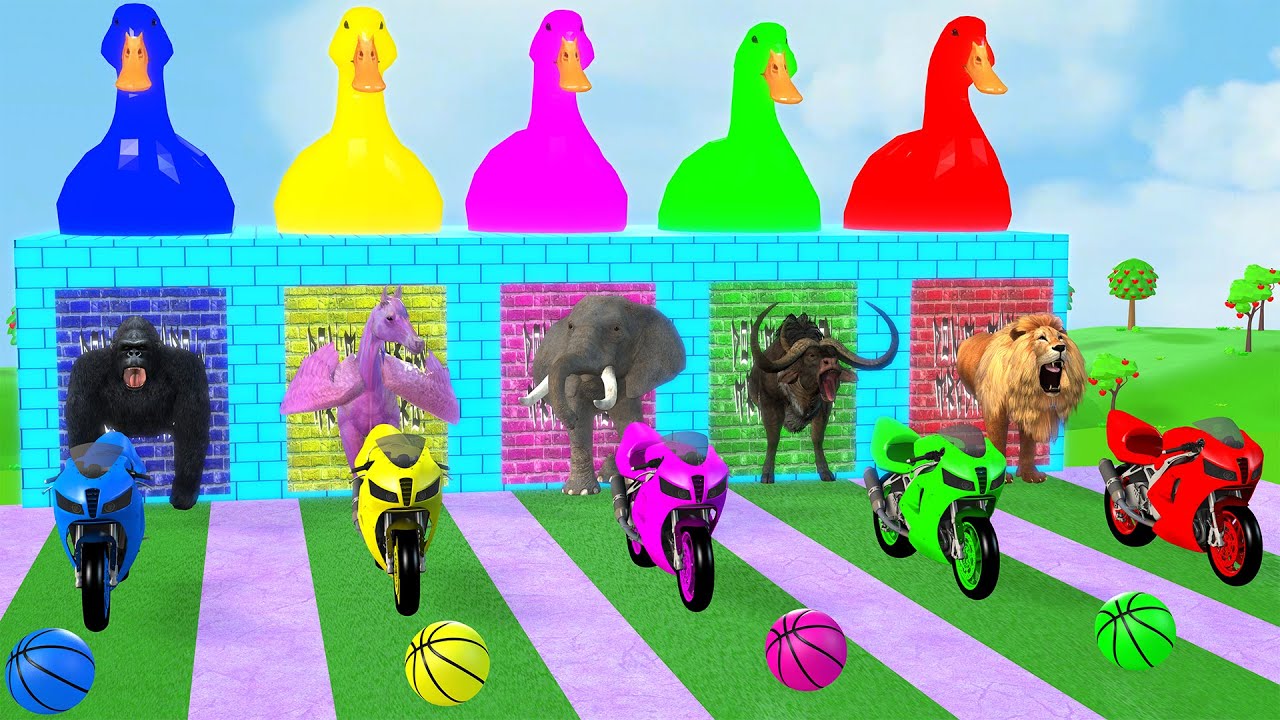 Long Slide Game With Cow Elephant Gorilla Hippopotamus Tiger - 3d Animal Game - Funny 3d Animals