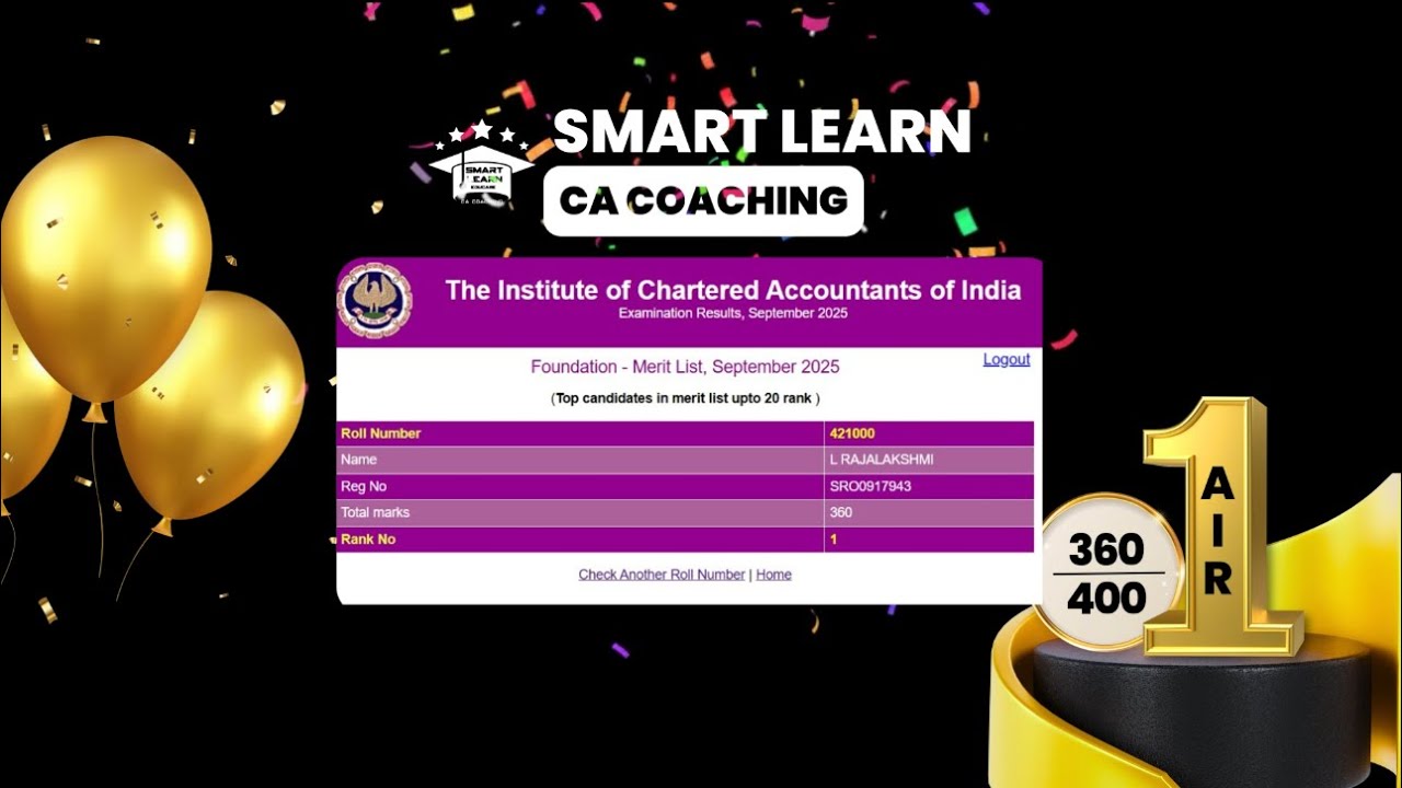 AIR 1 🏆 CA FOUNDATION SEP 25 - Smart Learn - CA COACHING 