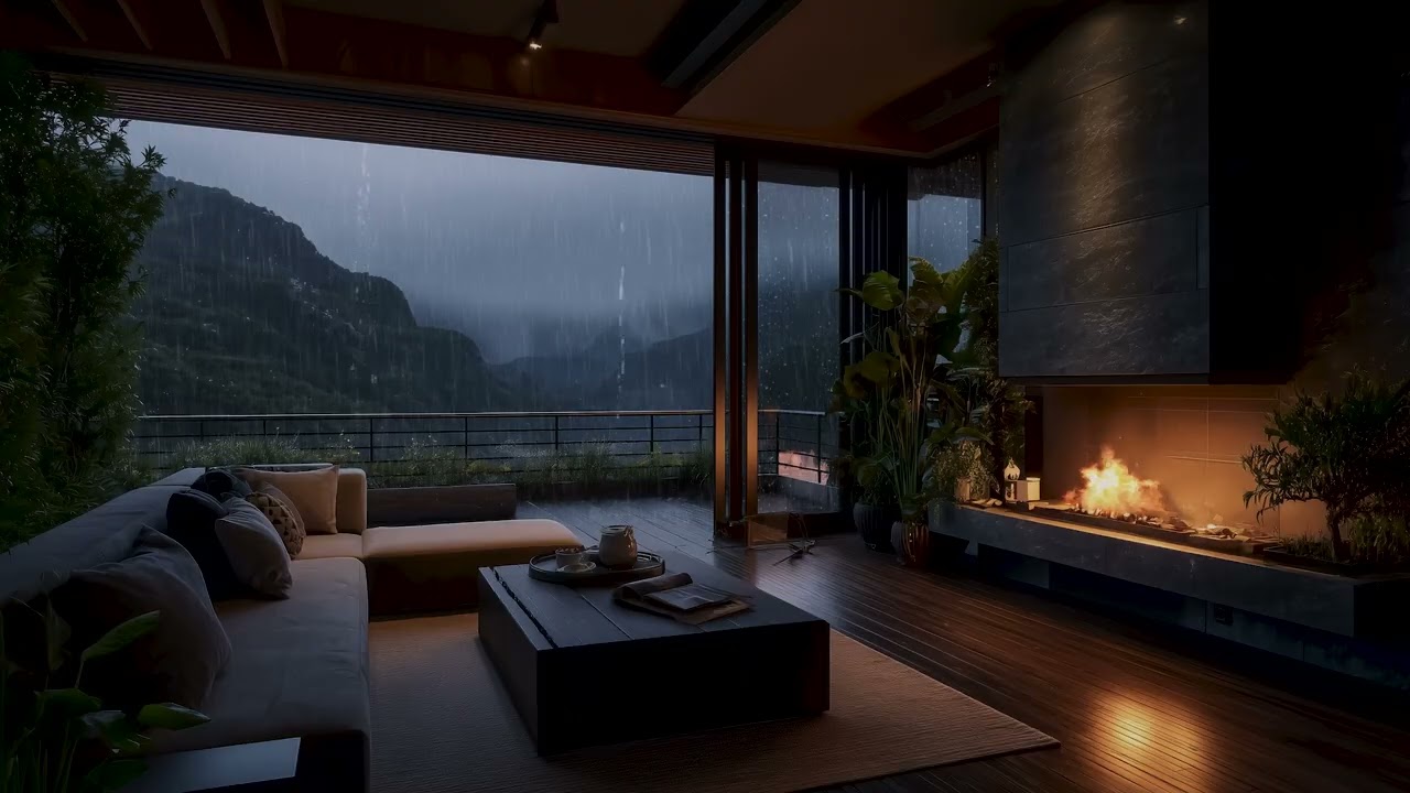 Rainy Night in a Cozy Modern Living Room 🔥| Fireplace and Mountain Rain Sounds for Deep Sleep