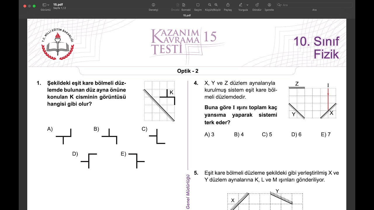 10.SINIF FİZİK KAZANIM TEST 15 ÇÖZÜM (2022-2023) OPTİK