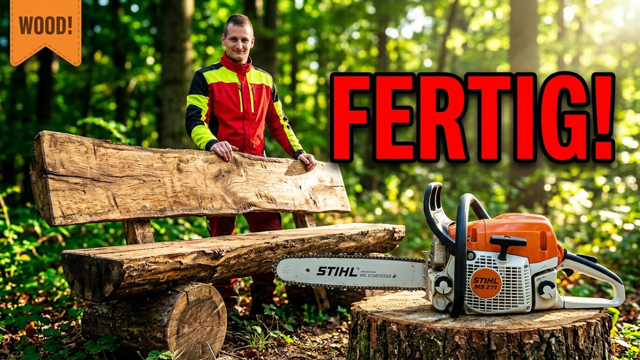 Stihl MS 271 im mobilen Sägewerk für die Motorsäge - Bauprojekt - Gartenbank bauen - Bretter sägen