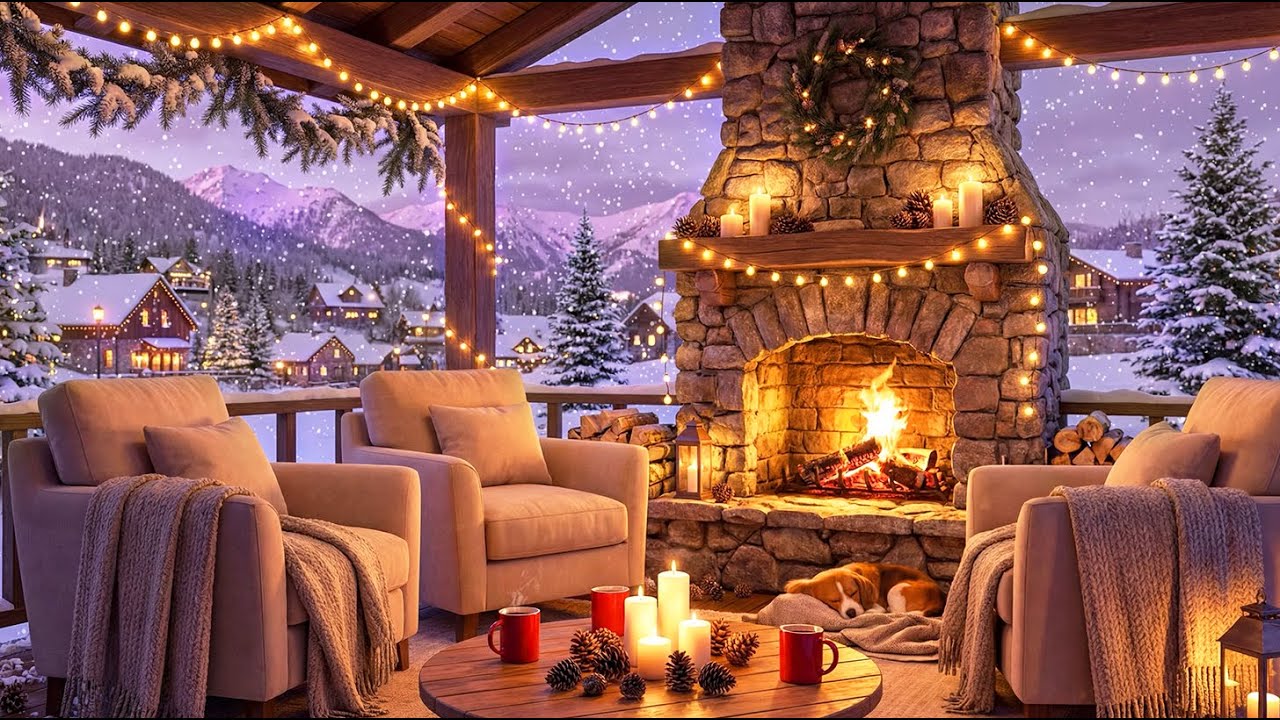 Cozy Winter Fireplace Ambience ❄️ Snowfall, Sleeping Dog & Warm Cabin Vibes