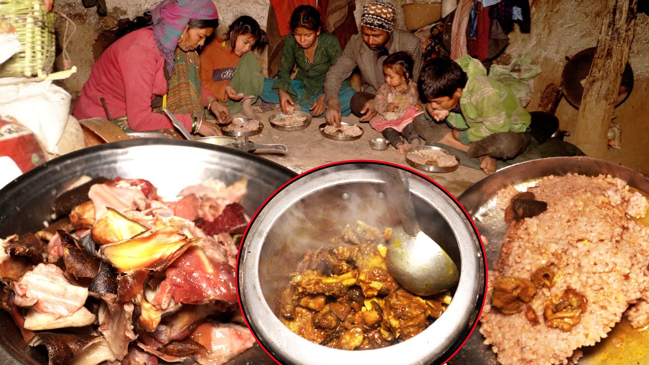 #goat skin cooking by  dharme family and eating together @ruralnepall