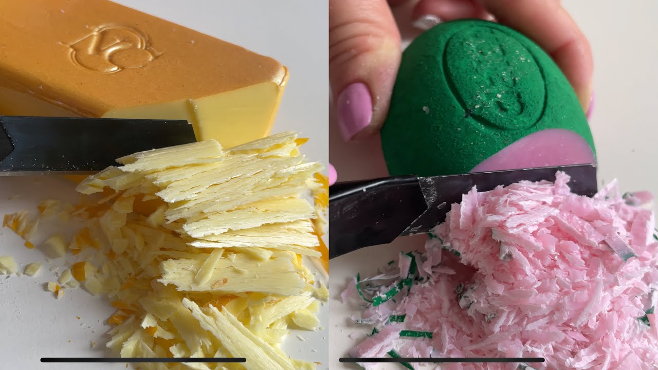 ASMR cutting soap with a emphasis on the table, colored dry soap