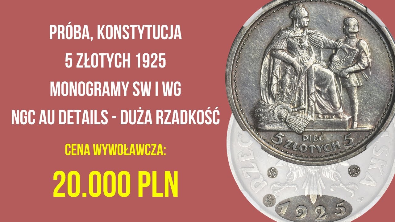 PRÓBA, Konstytucja, 5 złotych 1925 - monogramy SW i WG - NGC AU DETAILS - DUŻA RZADKOŚĆ