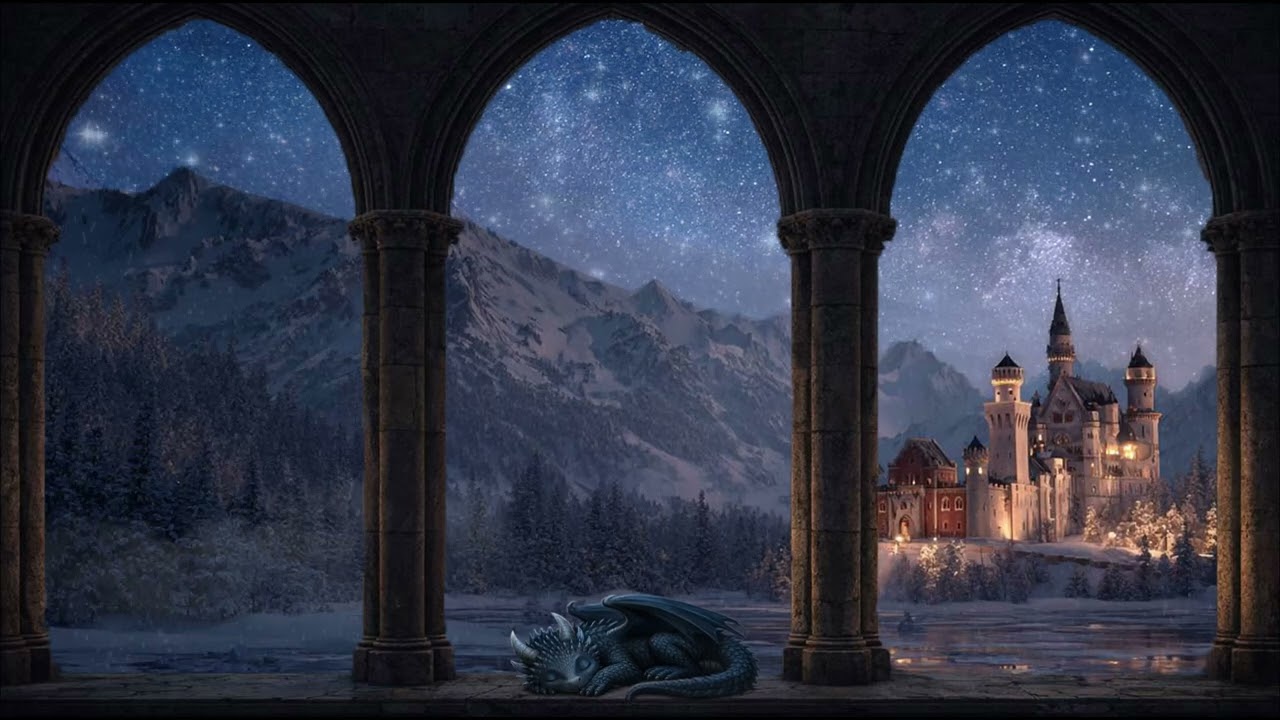 Starry Night Castle with Sleeping Dragon ❄️ Relaxing Music for Sleep, Study & Meditation