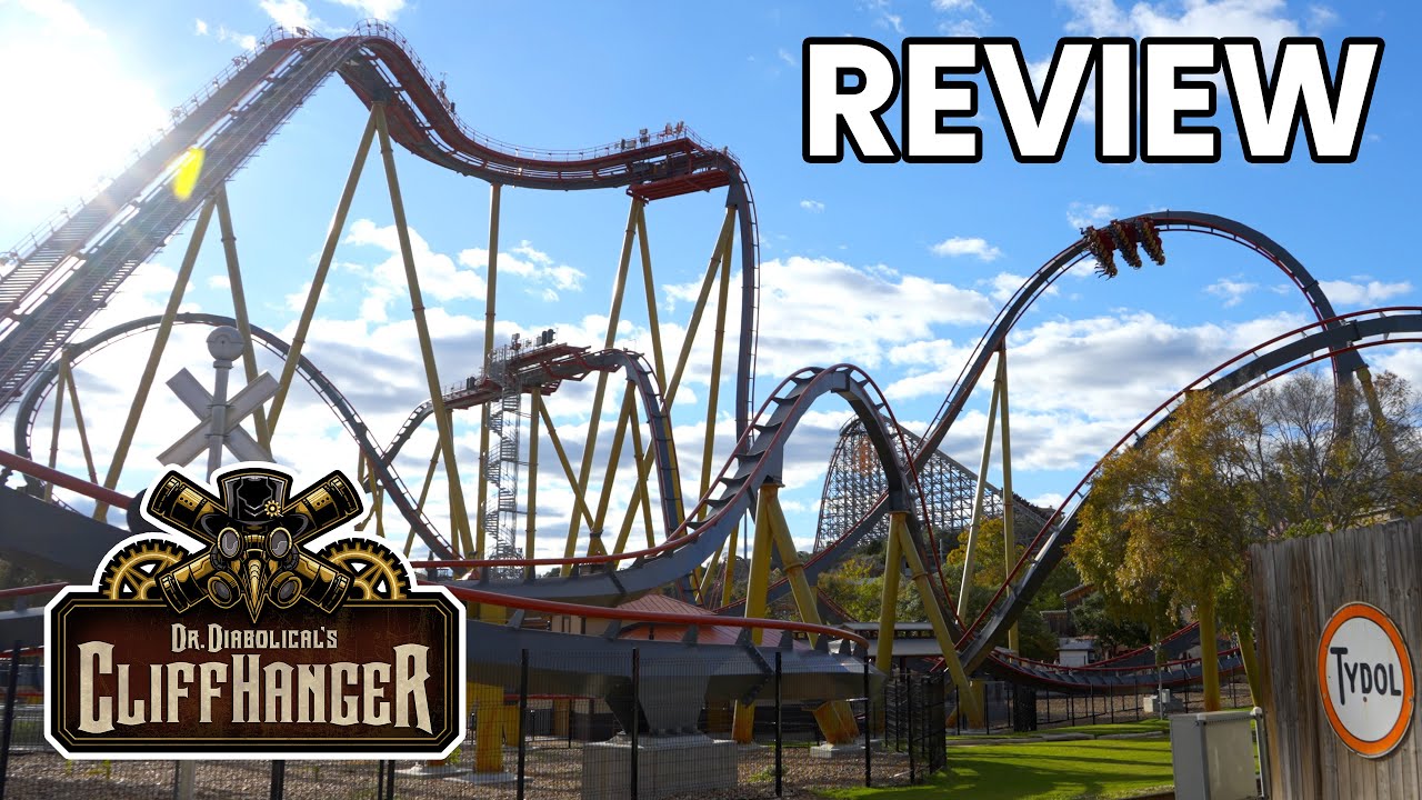 Dr. Diabolical's Cliffhanger Review Six Flags Fiesta Texas 95° Drop B&M Dive Coaster