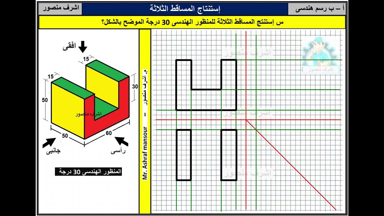 استنتاج المساقط الثلاثة من المنظور الهندسى 30 درجة