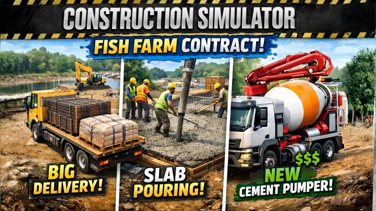 Construction Simulator Fish Farm Contract | Big Material Delivery, Slab Pouring & Cement Mixer Pump