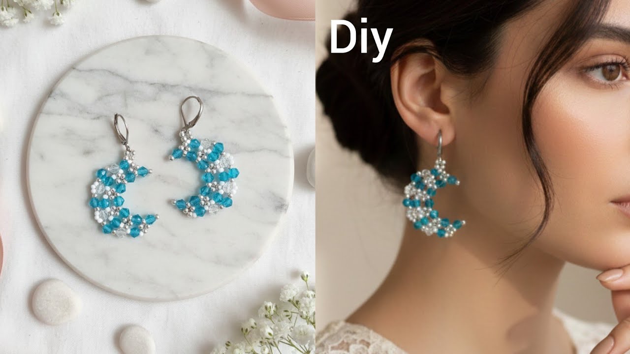 Diy Crescent Moon 🌙 Earrings with Bicones and Seed beads//How to make Earrings at home #diyearrings 
