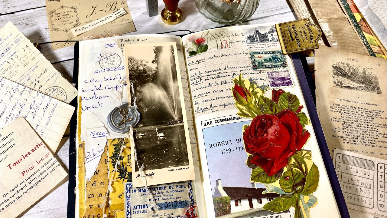 Sub「ヴィンテージの紙メインで手帳コラージュ」♡travelersnote collage（トラベラーズノート  Vintage journaling）