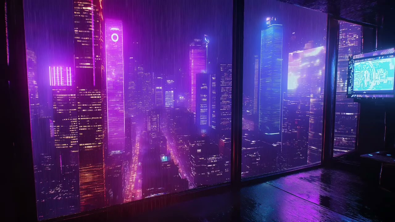 Futuristic Cyberpunk Apartment Rain 🌃 Sci-Fi City Sounds for Work