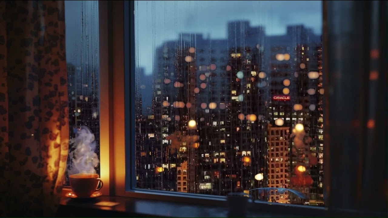 Cozy Rainy Night in the City | Relaxing Window Ambience with Steaming Tea Cup
