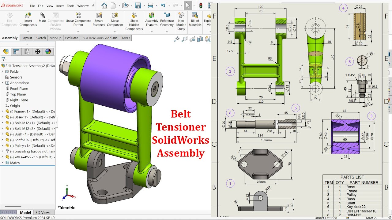 Belt Tensioner Parts and Assembly in SolidWorks