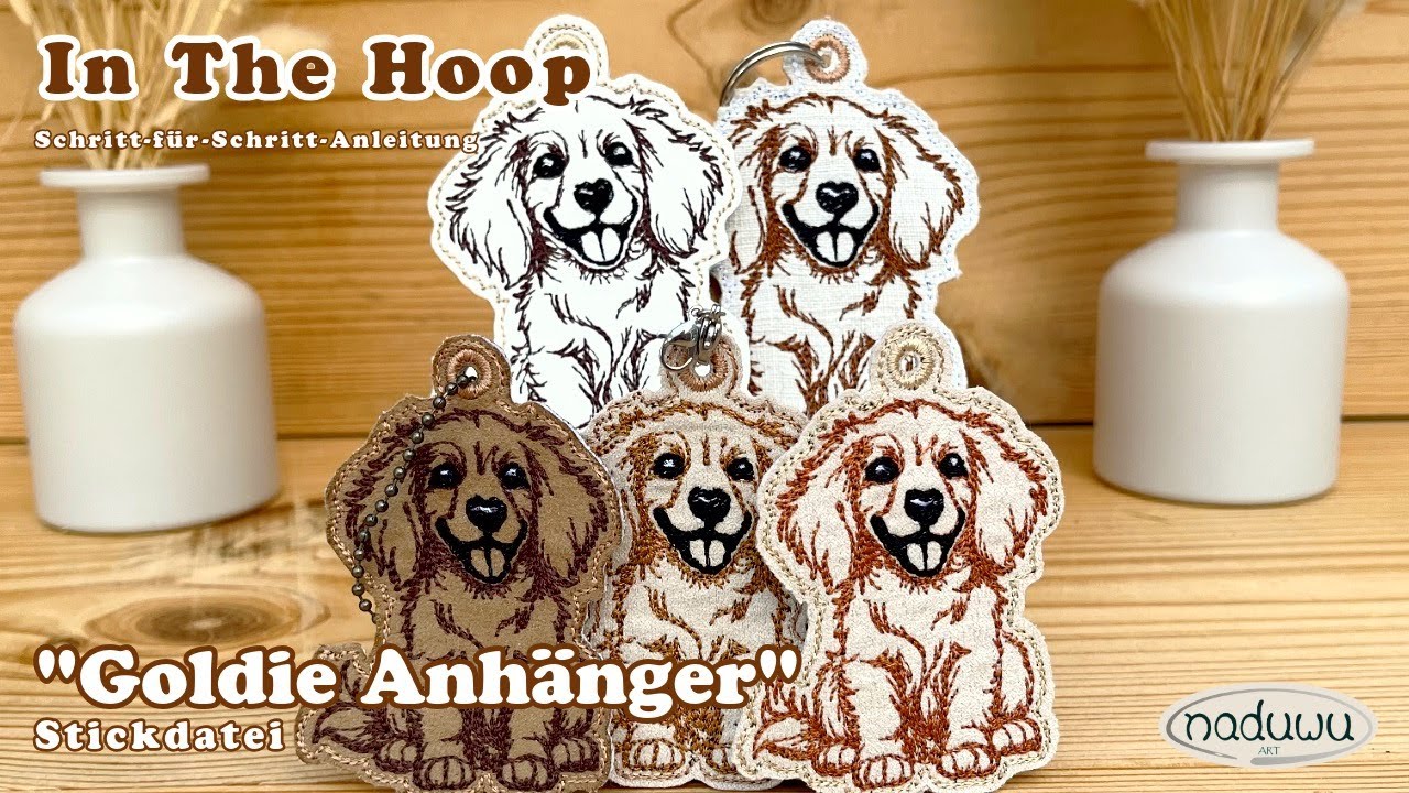 ITH Stickdatei Golden Retriever Anhänger, Schlüsselanhänger mit Hundemotiv für Stickmaschinen