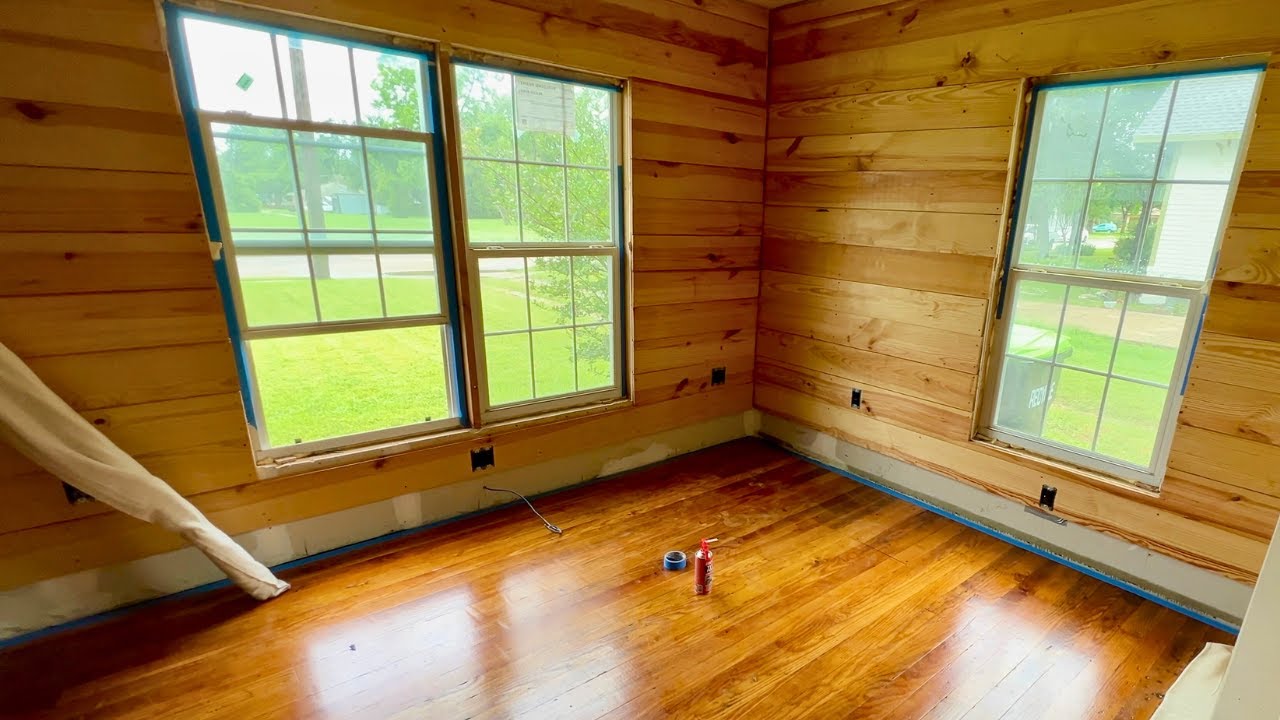 Working on Office Shiplap Walls and Pine Flooring