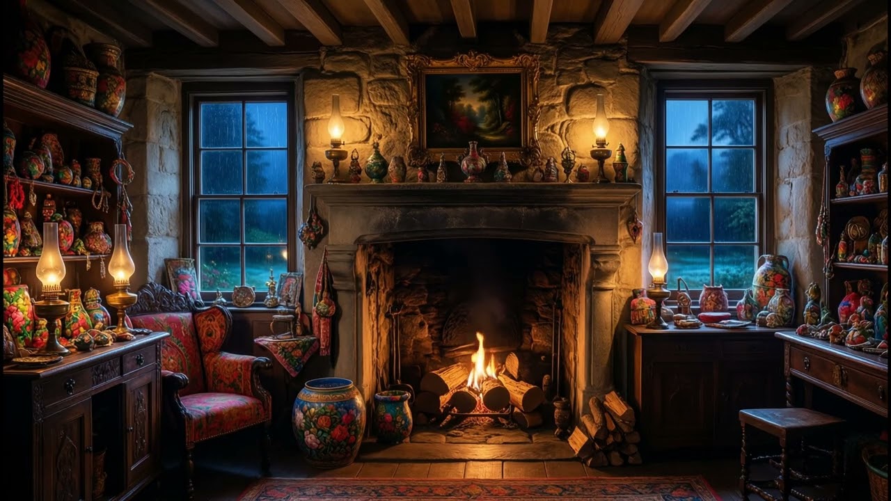 fireplace #1 - simple piano music playing