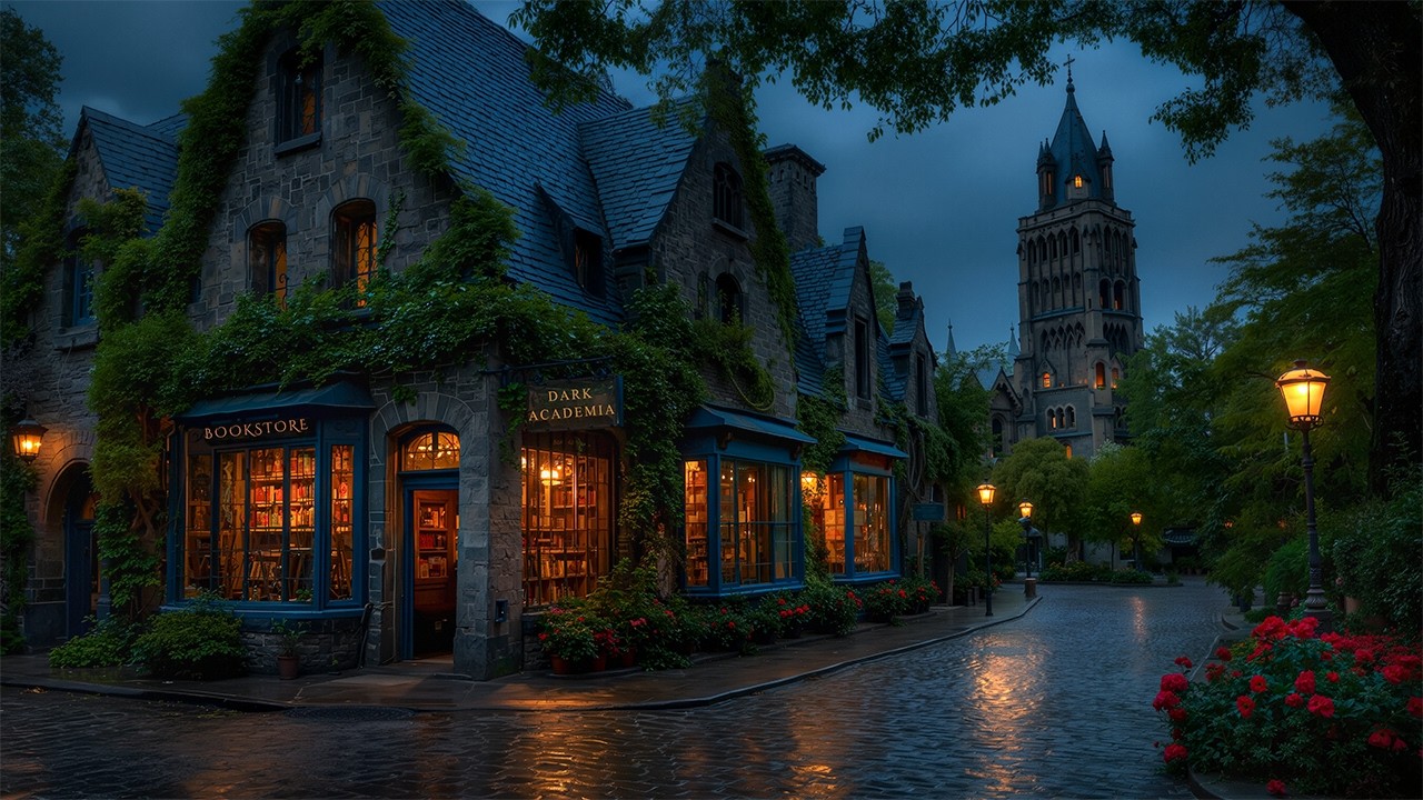 Dark Bookstore Ambience in the Late Night Rain | Dark Academia Playlist for Reading & Focus (4K)